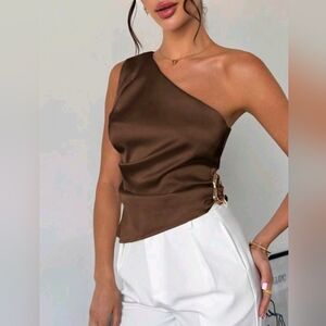 Brown One-Shoulder Satin Top